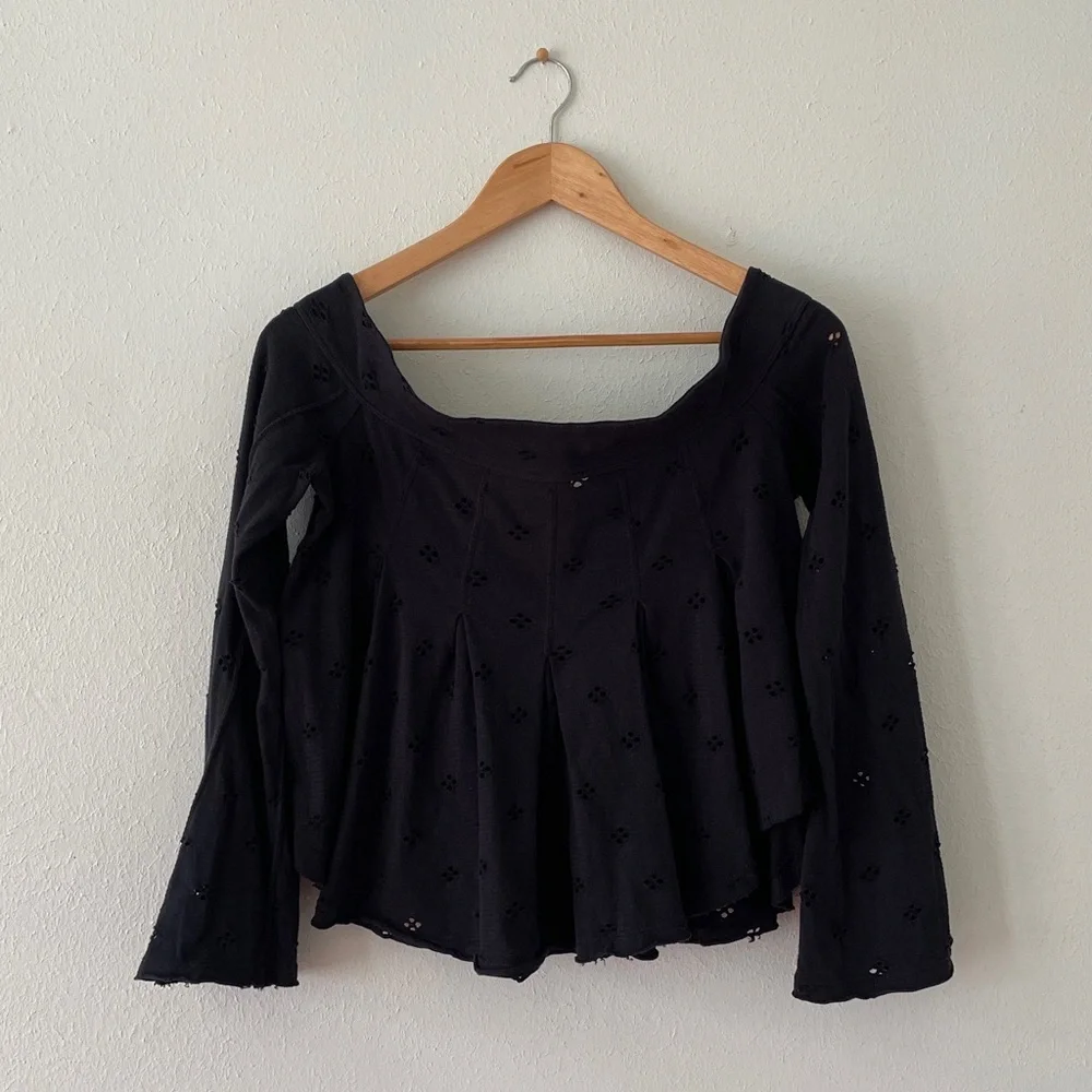 Free People Eyelet Blouse Flare Sleeve Washed Boho Black Medium